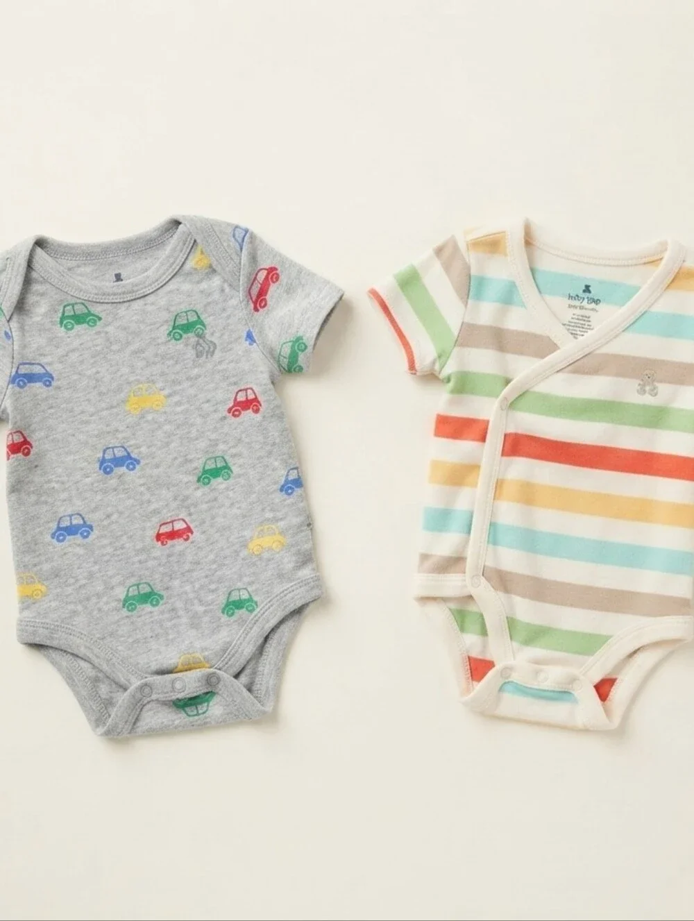 GAP 3-6M Kids Bodysuits - Gray with Cars and Multicolor Stripes